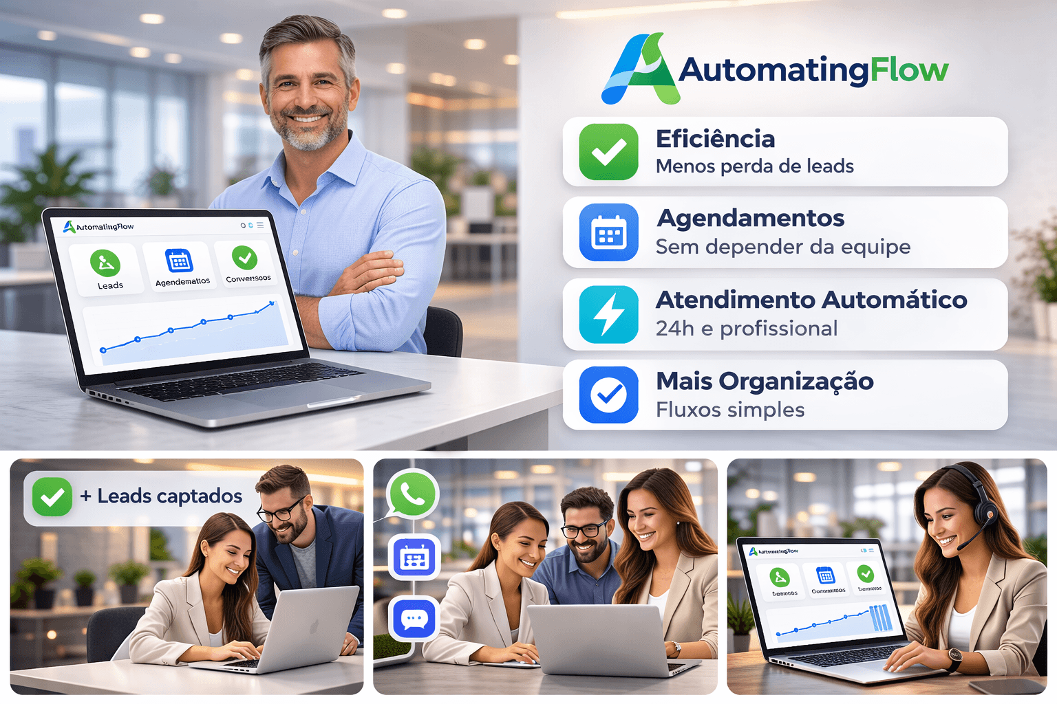 Gestor com dashboard e benefícios da AutomatingFlow em ambiente profissional