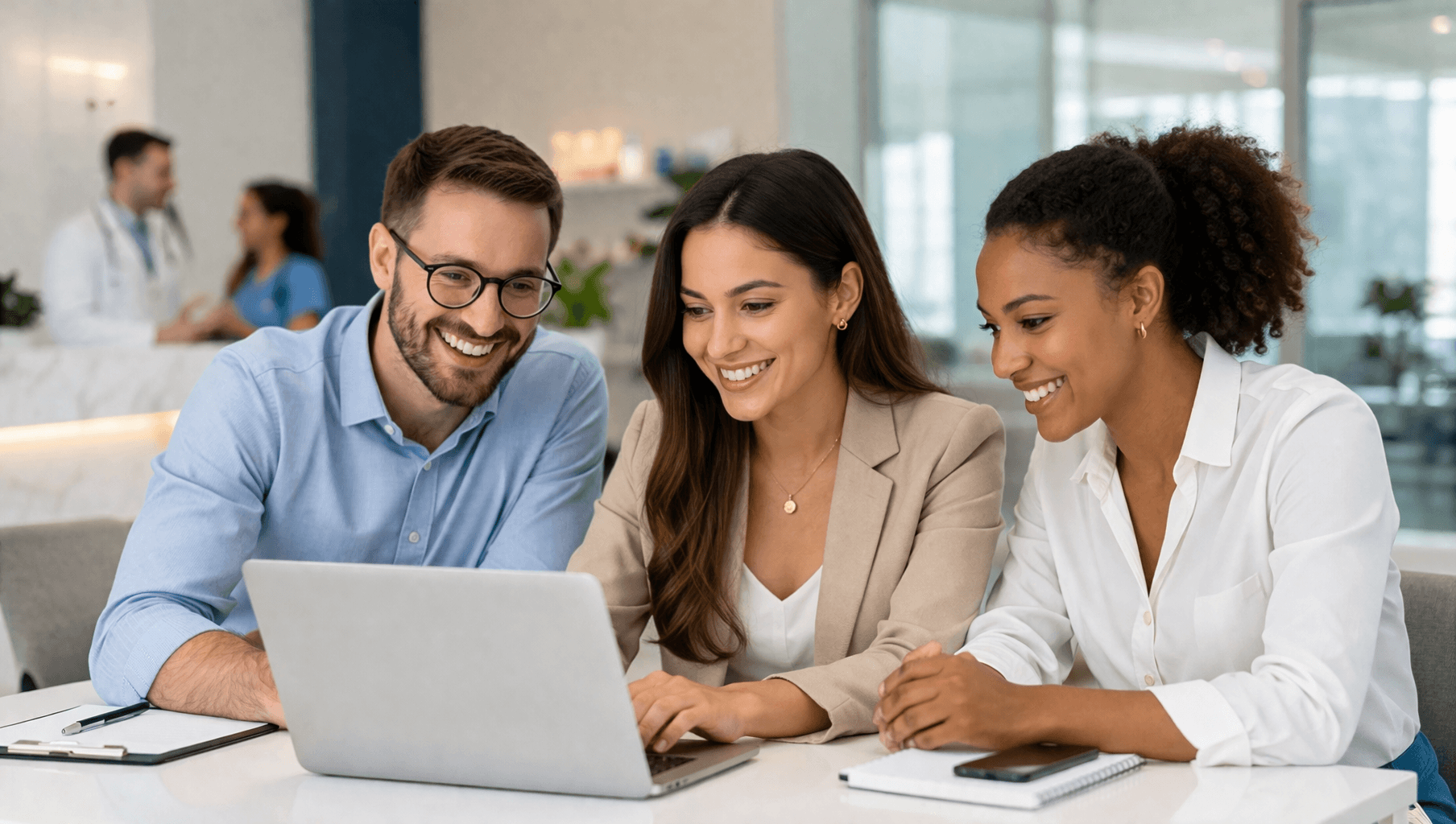 Equipe analisando atendimento em notebook